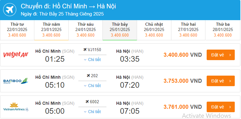 Giá vé máy bay Tết chặng Hà Nội - TP HCM ngày 2/2/2025 (tức 5/1 Tết Nguyên Đán)